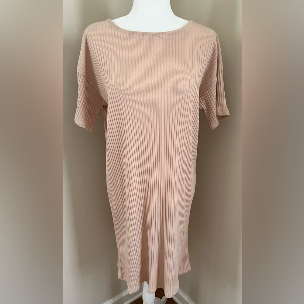 Eileen Fisher Light Pink Ribbed Stretchy Tencel Wide Neck Shirt Dress